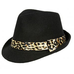 Fedora Hats – 12 PCS Wool-Felt w/ Leopard Print Band - Black - HT-FHT2492BK